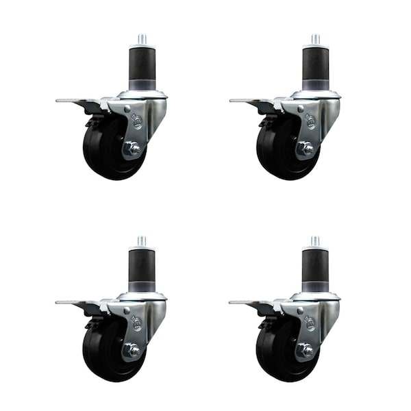 3'' SS Hard Rubber Swivel 1-5/8'' Expand Stem Caster Set Total Lock Brake, 4PK